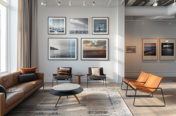 Modern interior showing fine art prints displayed at different sizes on a wall